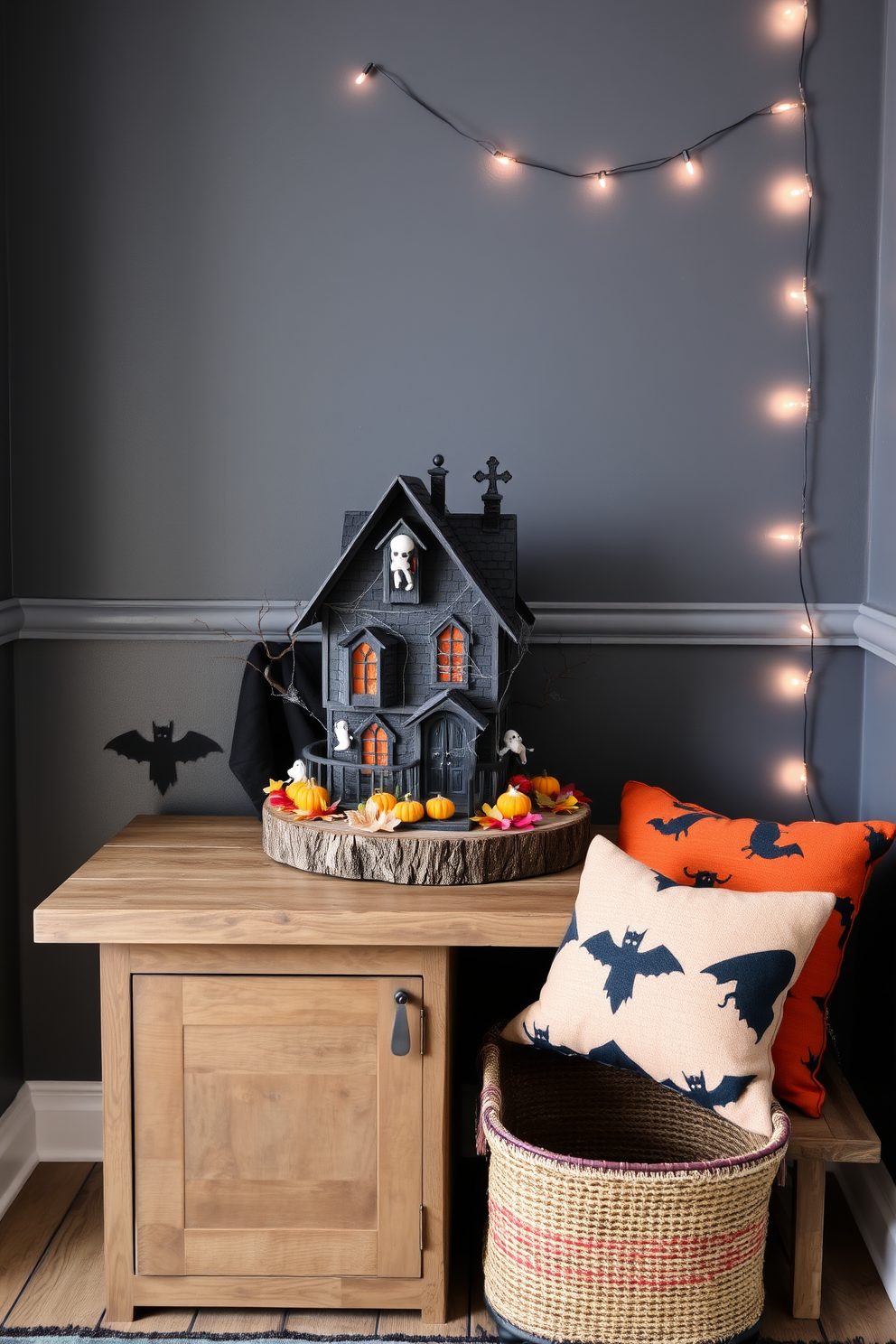 A whimsical miniature haunted house display is set on a rustic wooden table in the mudroom. The house features intricate details like tiny ghosts and cobwebs, surrounded by autumn leaves and small pumpkins for a festive touch. The mudroom walls are painted in a deep, moody gray to enhance the Halloween theme. A cozy bench with orange and black throw pillows complements the spooky decor, while a string of LED lights adds a warm glow to the space.