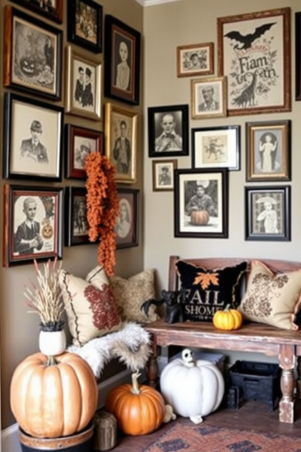 Framed spooky artwork adorns the walls of a cozy mudroom, creating an inviting yet eerie atmosphere. The decor features a mix of vintage and modern frames, showcasing a variety of Halloween-themed illustrations and photographs. A rustic bench sits against one wall, adorned with plush cushions in autumn hues. Decorative pumpkins and ghostly figurines are strategically placed around the space, enhancing the festive charm of the room.