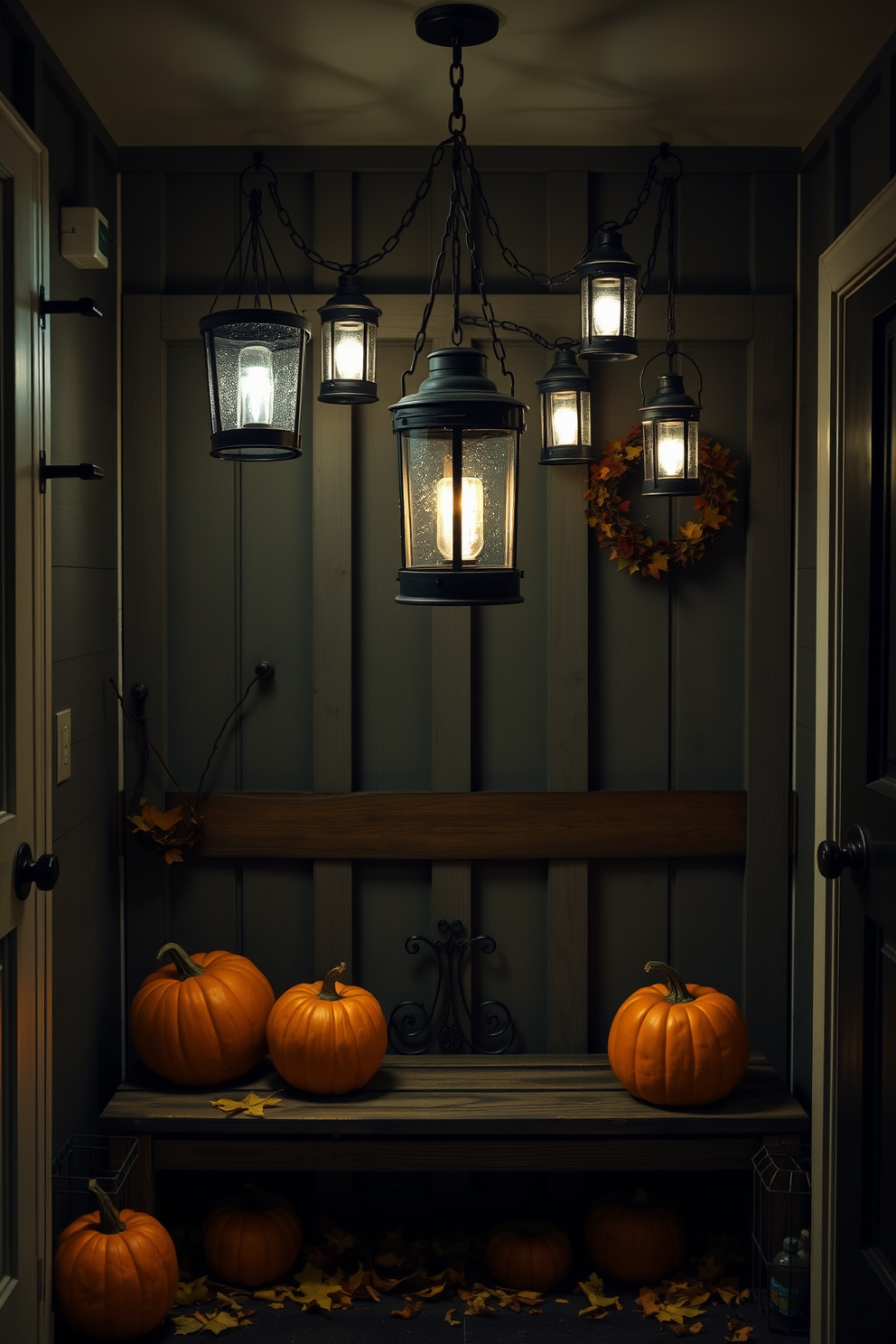 Create a cozy mudroom adorned with hanging lanterns that emit an eerie, atmospheric glow. The space features a rustic wooden bench, surrounded by pumpkins and autumn leaves, creating a festive Halloween vibe.