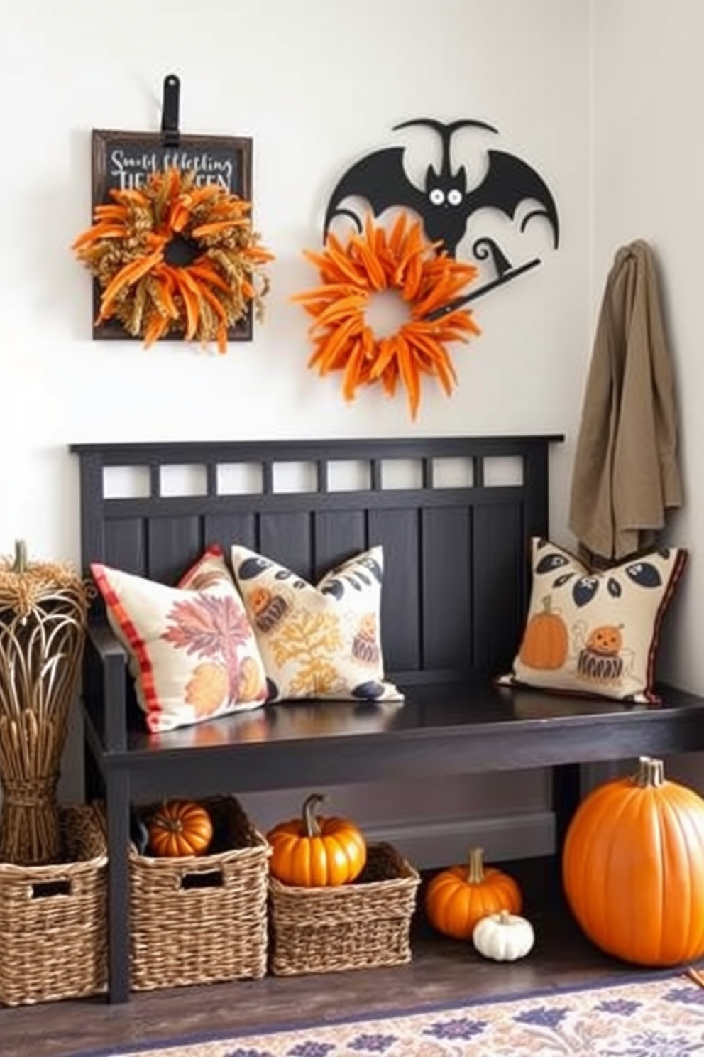 Create a cozy mudroom decorated for Halloween. The space features a bench with seasonal pillows in autumn colors, surrounded by decorative pumpkins and spooky wall art.