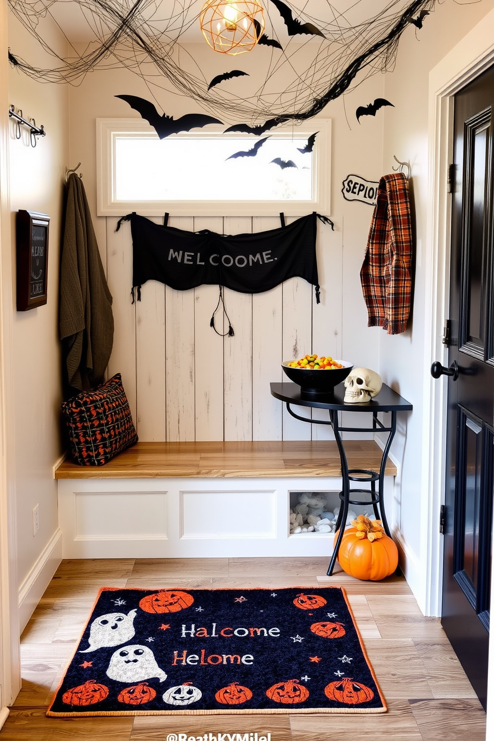 A spooky themed welcome mat greets visitors at the entrance of a cozy mudroom. The mat features a playful design with ghosts and pumpkins, setting a festive tone for Halloween. The mudroom is adorned with hanging decorations like cobwebs and bats, enhancing the eerie atmosphere. A small table nearby holds a bowl of candy and a few decorative skulls for an inviting yet spooky touch.