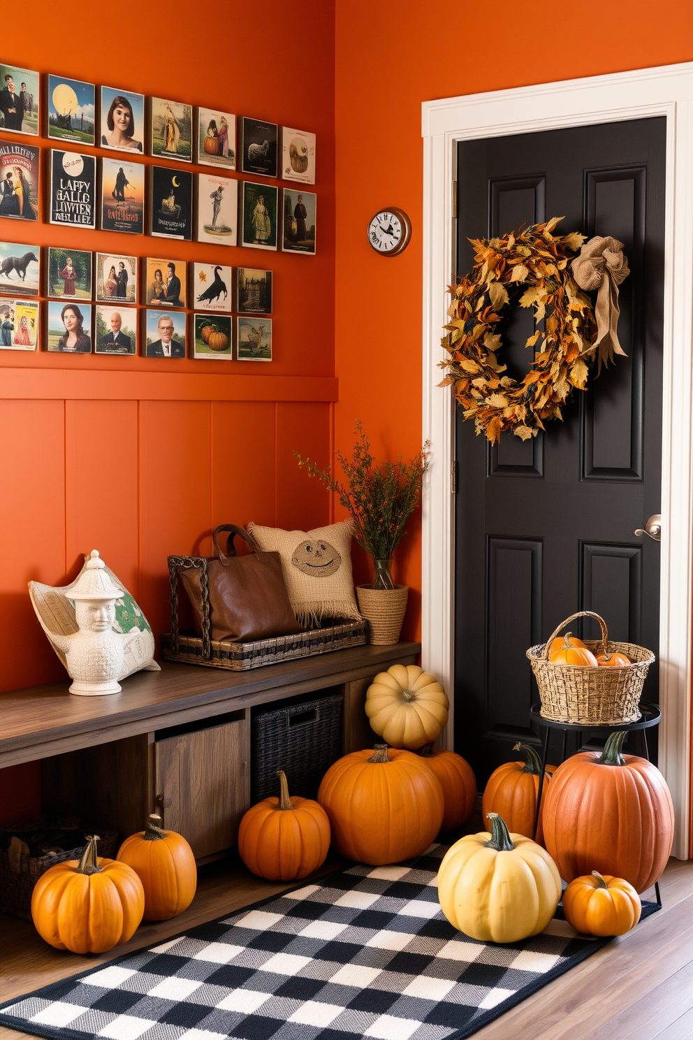 A charming mudroom adorned with vintage Halloween postcards. The walls are painted in a warm orange hue, creating a festive atmosphere, while a rustic bench with storage sits against one side. On the floor, a cozy black and white checkered rug adds texture, and a collection of pumpkins in varying sizes is arranged by the entrance. Baskets filled with seasonal decor and a wreath made of autumn leaves hang on the door, completing the Halloween theme.