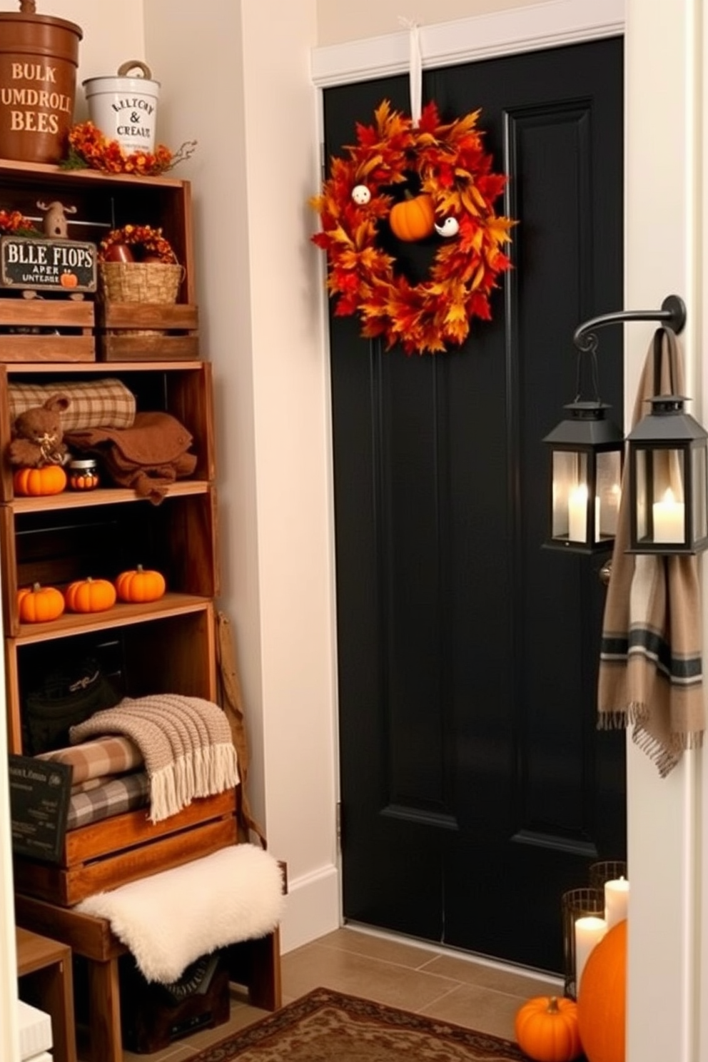 A cozy mudroom adorned with rustic wooden crates for organization. The crates are stacked in a corner, filled with seasonal decorations and cozy blankets, creating a warm and inviting atmosphere. Halloween-themed accents are scattered throughout the space. A playful wreath made of autumn leaves and mini pumpkins hangs on the door, while spooky lanterns illuminate the area, enhancing the festive charm.