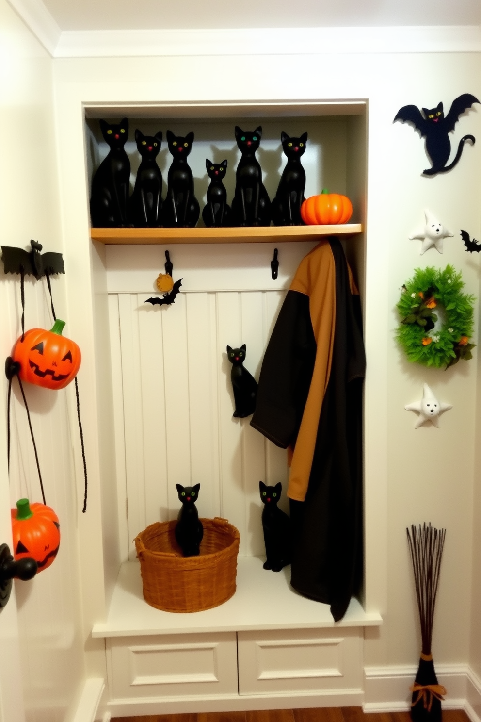 A cozy mudroom decorated for Halloween features shelves lined with charming black cat figurines in various poses. The walls are adorned with whimsical ghost and pumpkin decorations, creating a festive atmosphere.