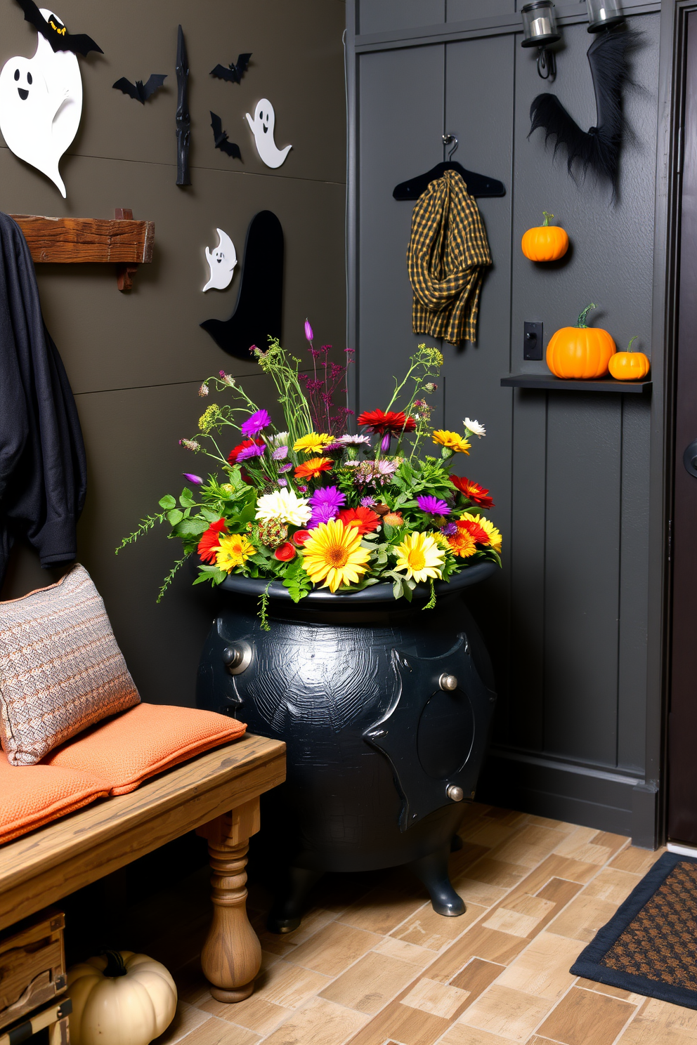 A cozy mudroom featuring a witch's cauldron repurposed as a unique planter. The cauldron is filled with an assortment of vibrant fall flowers and greenery, adding a whimsical touch to the space. The walls are adorned with spooky Halloween-themed decorations, including ghostly silhouettes and playful pumpkins. A rustic bench with warm cushions provides a welcoming spot for guests to sit and remove their shoes.