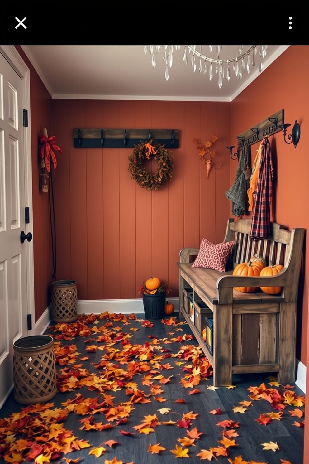 Charming ghost decorations dangle from rustic hooks in a cozy mudroom. The walls are adorned with spooky artwork, and a festive wreath adds a touch of Halloween spirit.