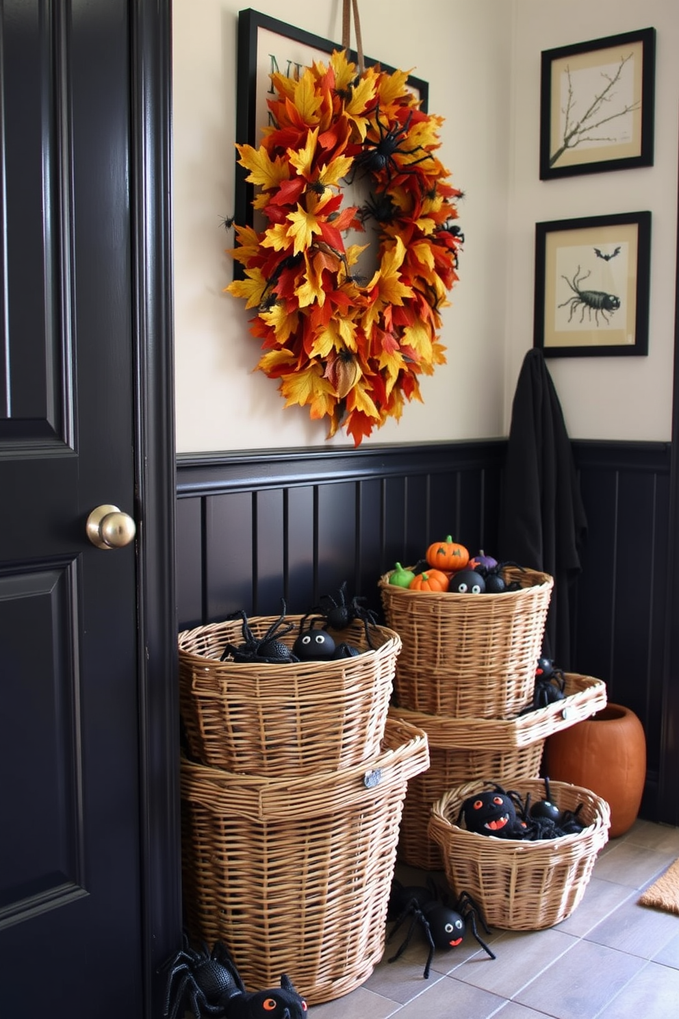 A whimsical miniature haunted house centerpiece sits on a rustic wooden table, adorned with tiny ghosts and bats. Surrounding the house are flickering LED candles that cast an eerie glow, creating a playful yet spooky atmosphere. The mudroom features a charming Halloween theme with vibrant orange and black decor. Wreaths made of autumn leaves and miniature pumpkins hang on the hooks, while a cozy bench is draped with a patterned blanket for added comfort.