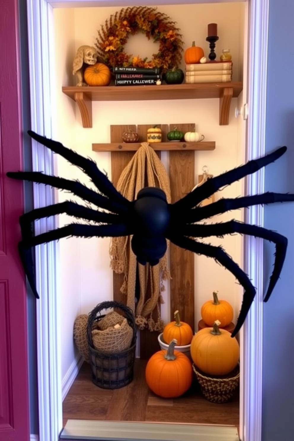 A giant spider is prominently displayed on the door of a cozy mudroom, creating a spooky yet inviting atmosphere for Halloween. The mudroom features rustic wooden shelves filled with seasonal decor and pumpkins, enhancing the festive feel.