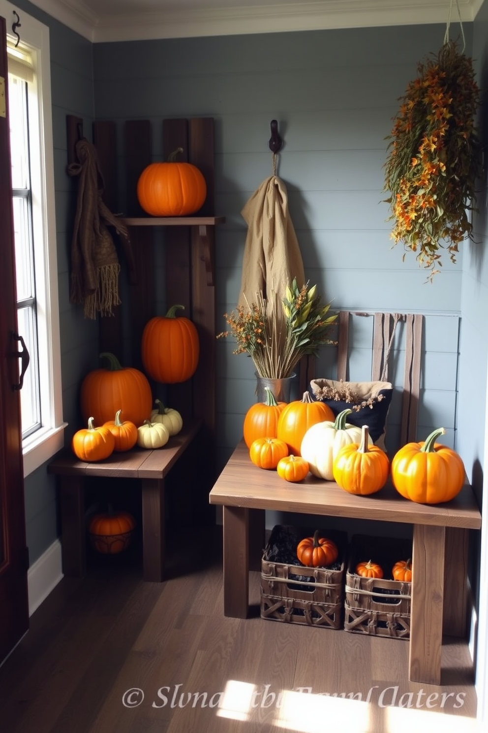 A cozy mudroom features rustic wooden benches adorned with vibrant pumpkin decor. Each bench displays a variety of pumpkins in different sizes and colors, creating a festive Halloween atmosphere.