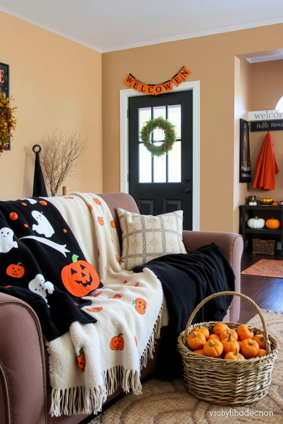 A cozy Halloween-themed living room features throw blankets draped over a plush sofa. The blankets are adorned with playful ghost and pumpkin patterns, adding a festive touch to the space. The mudroom is decorated with a warm autumn palette, showcasing a mix of orange and brown accents. Seasonal decor includes a welcome sign with Halloween motifs and a basket filled with miniature pumpkins.