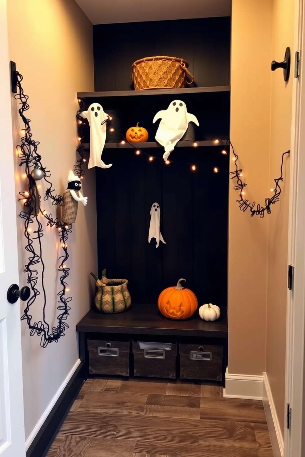 A cozy mudroom adorned with ghostly garlands draped across the shelves creates a whimsical Halloween atmosphere. The walls are painted in a warm beige, and the floor features rustic wooden planks, enhancing the inviting feel of the space.