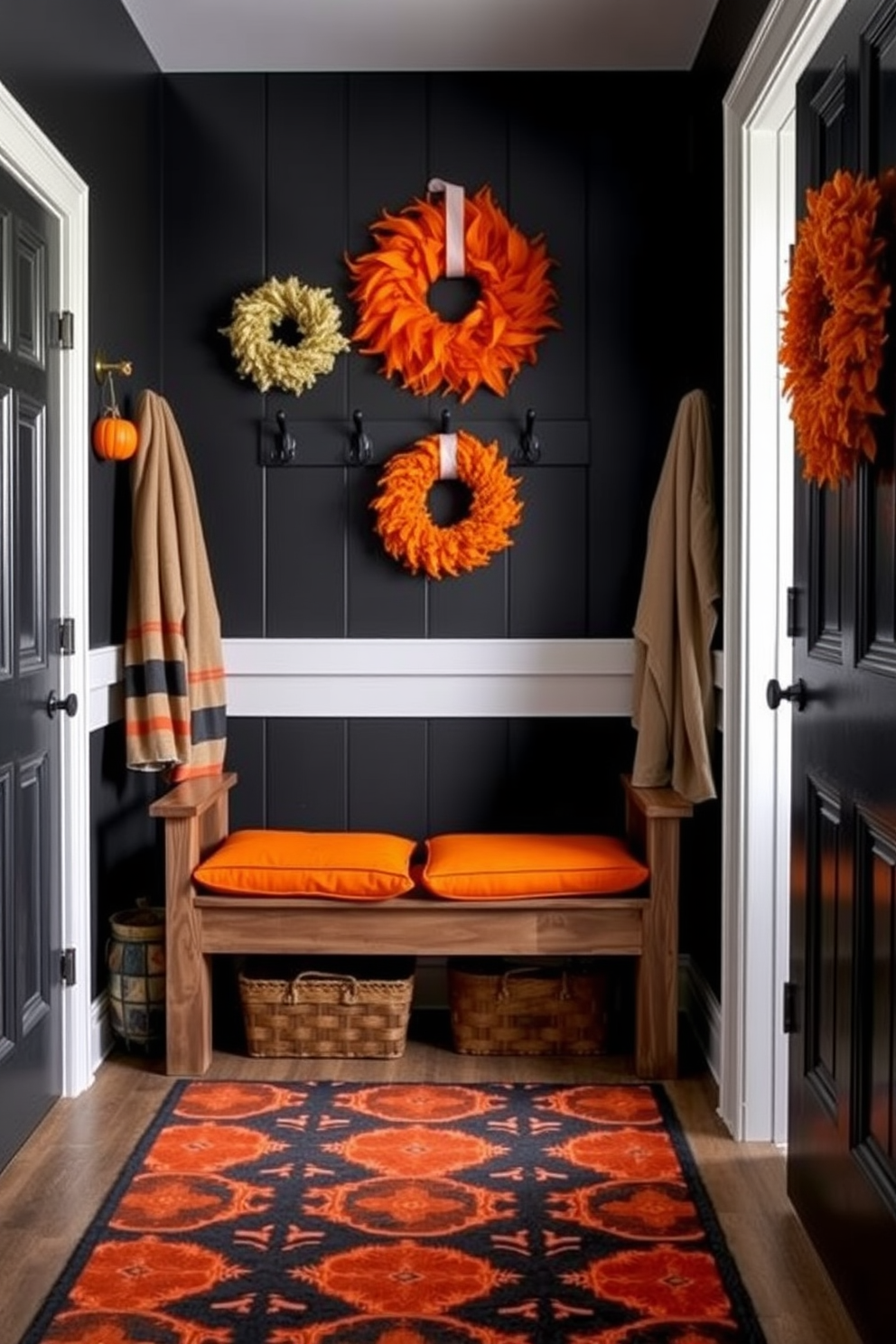 A cozy mudroom decorated for Halloween features a black and orange color scheme. The walls are painted in a deep black, while orange accents are added through decorative items like pumpkins and wreaths. A rustic bench with orange cushions sits against one wall, complemented by black hooks for hanging coats. A patterned rug in shades of black and orange adds warmth to the space, creating a festive yet functional area.