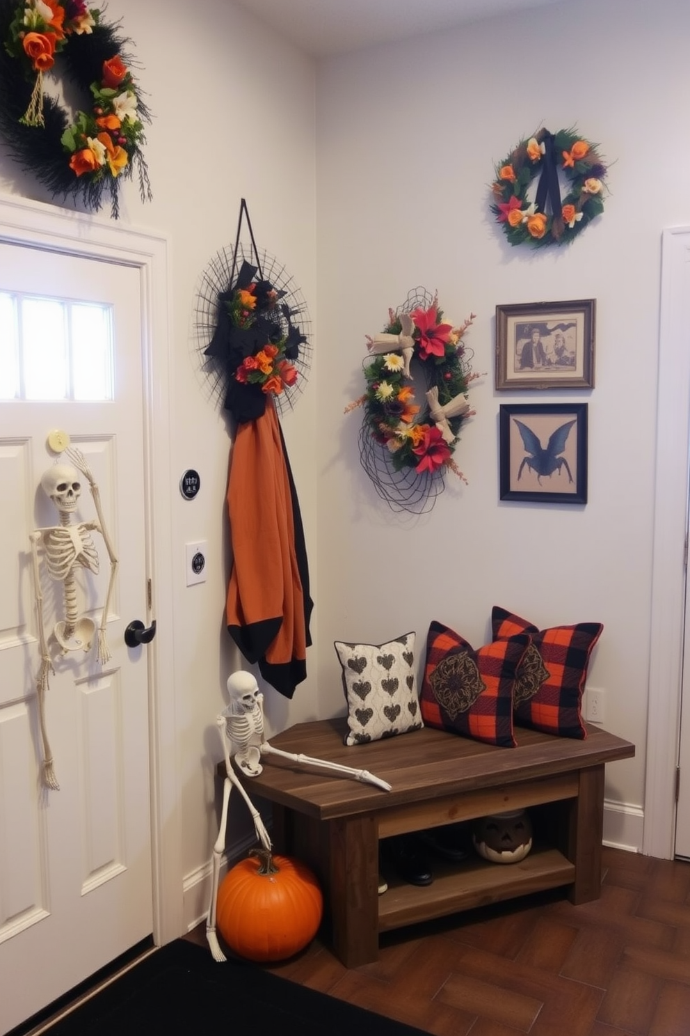 A cozy mudroom decorated for Halloween features skeleton figures playfully positioned in the corners. The walls are adorned with seasonal wreaths and spooky artwork, while a rustic bench is lined with orange and black cushions.