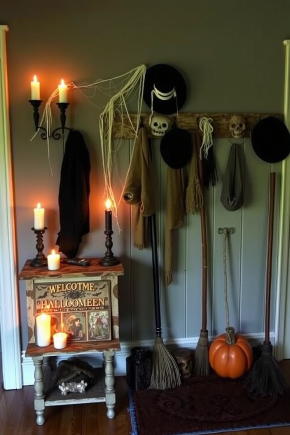 Creepy candles flicker ominously on rustic side tables, casting eerie shadows across the room. The warm glow of the candles contrasts with the dark, moody decor that embodies the Halloween spirit. The mudroom is adorned with spooky decorations, featuring cobwebs draped over the hooks and a pumpkin-themed welcome mat. A collection of vintage hats and brooms are displayed, adding a whimsical touch to the festive atmosphere.