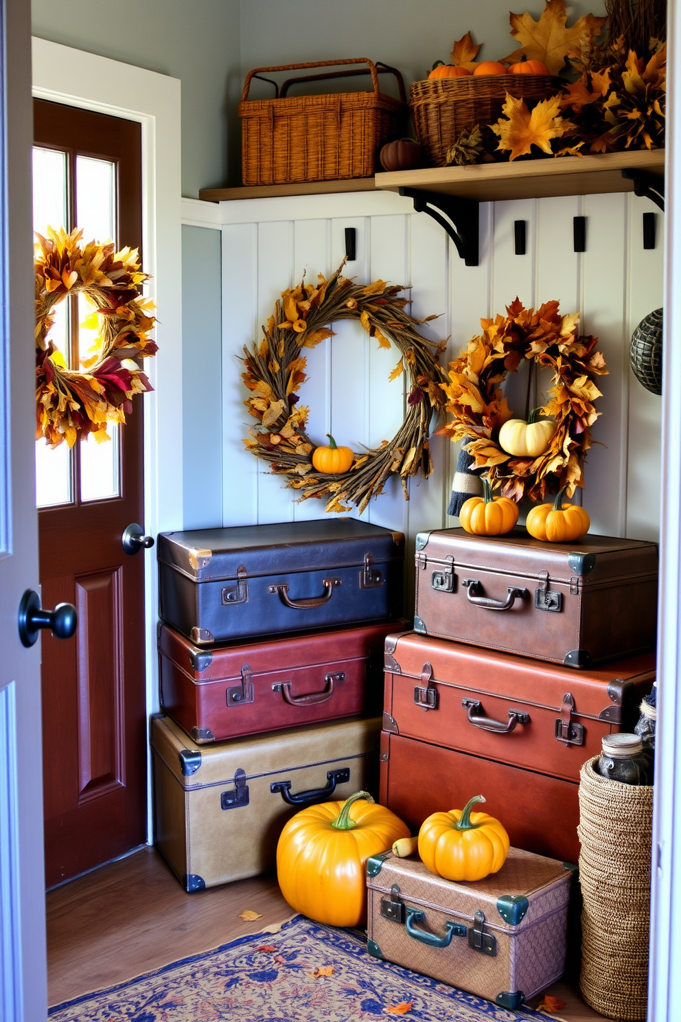 Broomsticks are leaning against the wall in a cozy mudroom adorned with Halloween decorations. The space features a rustic bench with orange and black throw pillows, and a welcome mat with spooky designs at the entrance.