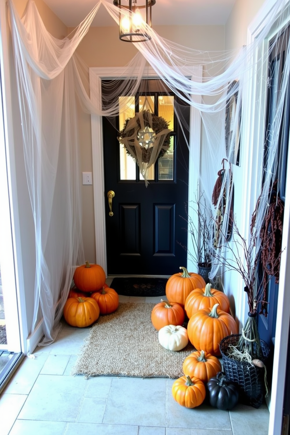 A cozy mudroom decorated for Halloween features spider webs delicately draped in the corners, creating an eerie yet inviting atmosphere. The floor is covered with a rustic mat, while a collection of pumpkins in various sizes are arranged near the entrance, adding a festive touch.