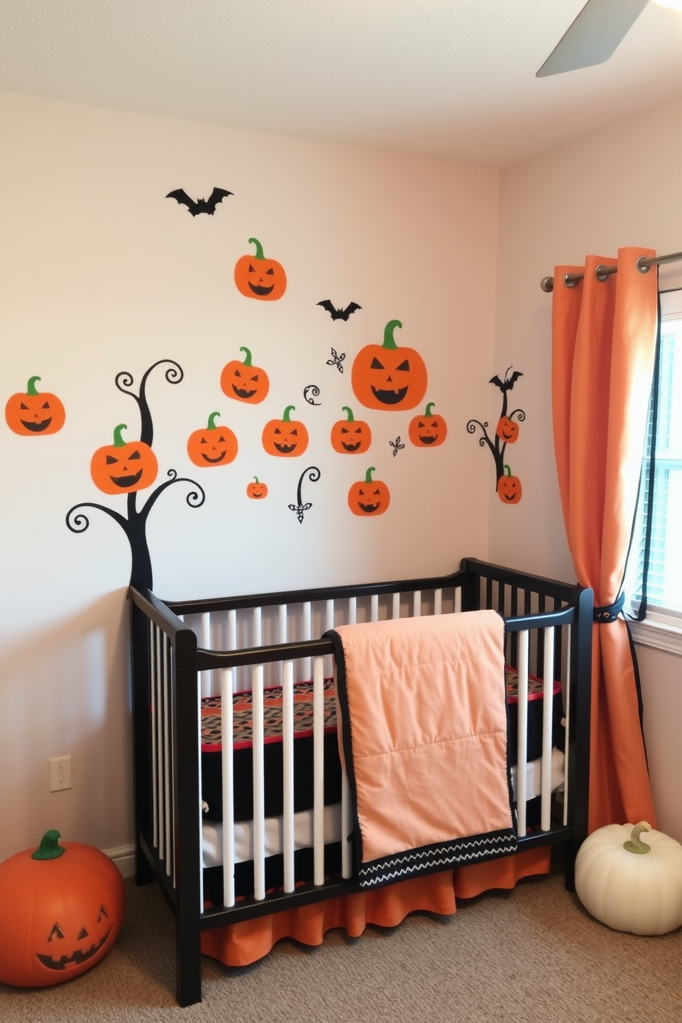 A whimsical Halloween nursery featuring spooky pumpkin patch wall decals that bring a playful atmosphere to the room. The decals are arranged in clusters around a cozy crib, complemented by soft orange and black accents in the bedding and curtains.