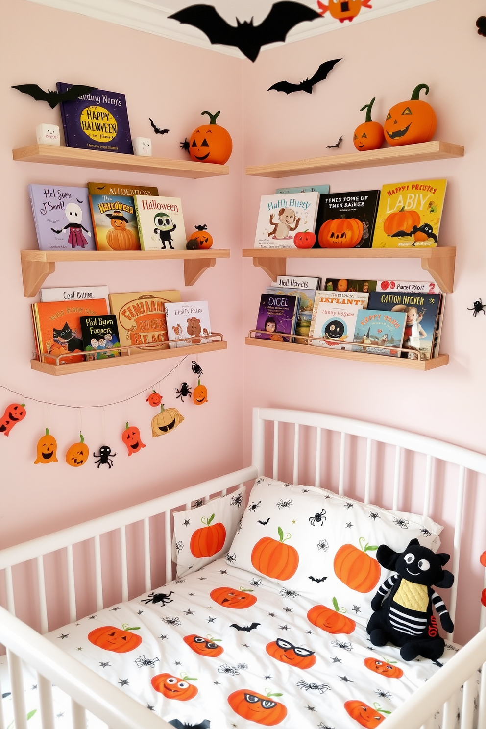 A cozy nursery filled with Halloween-themed storybooks displayed on charming wooden shelves. The walls are painted in soft pastel colors, and cute Halloween decorations like bats and pumpkins adorn the space. A whimsical Halloween nursery decorated with playful elements like ghostly garlands and cheerful spider web motifs. The bedding features a fun pumpkin print, and plush toys in Halloween costumes are scattered around the room.