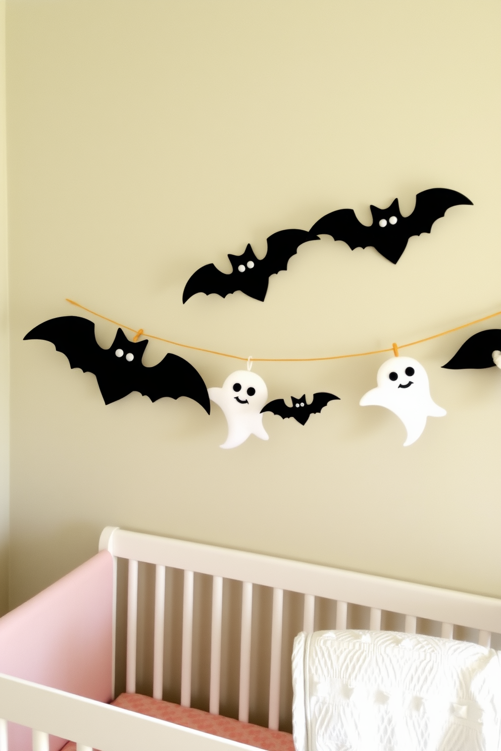 A whimsical nursery decorated for Halloween features a felt garland adorned with playful bats and friendly ghosts. The soft pastel colors of the room create a cozy atmosphere, while the garland adds a festive touch above the crib.