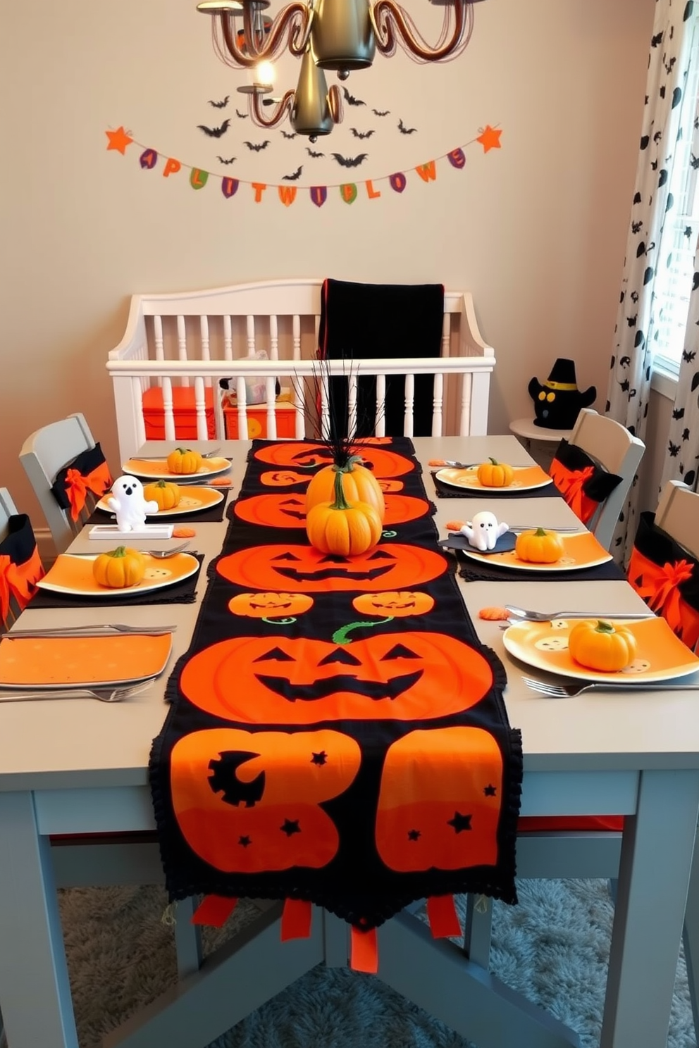 A cozy nursery featuring a pumpkin patch rug that adds warmth and charm to the space. The walls are painted in soft pastel colors, and whimsical Halloween-themed decorations are scattered throughout.