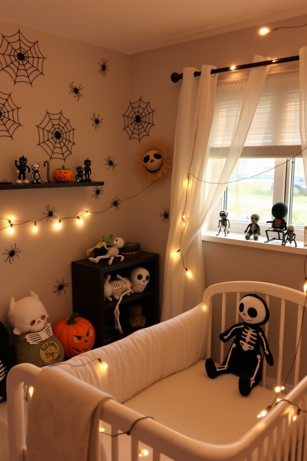 A charming nursery filled with vintage Halloween posters adorning the walls. The decor features whimsical elements like soft orange and black accents, creating a playful yet cozy atmosphere.