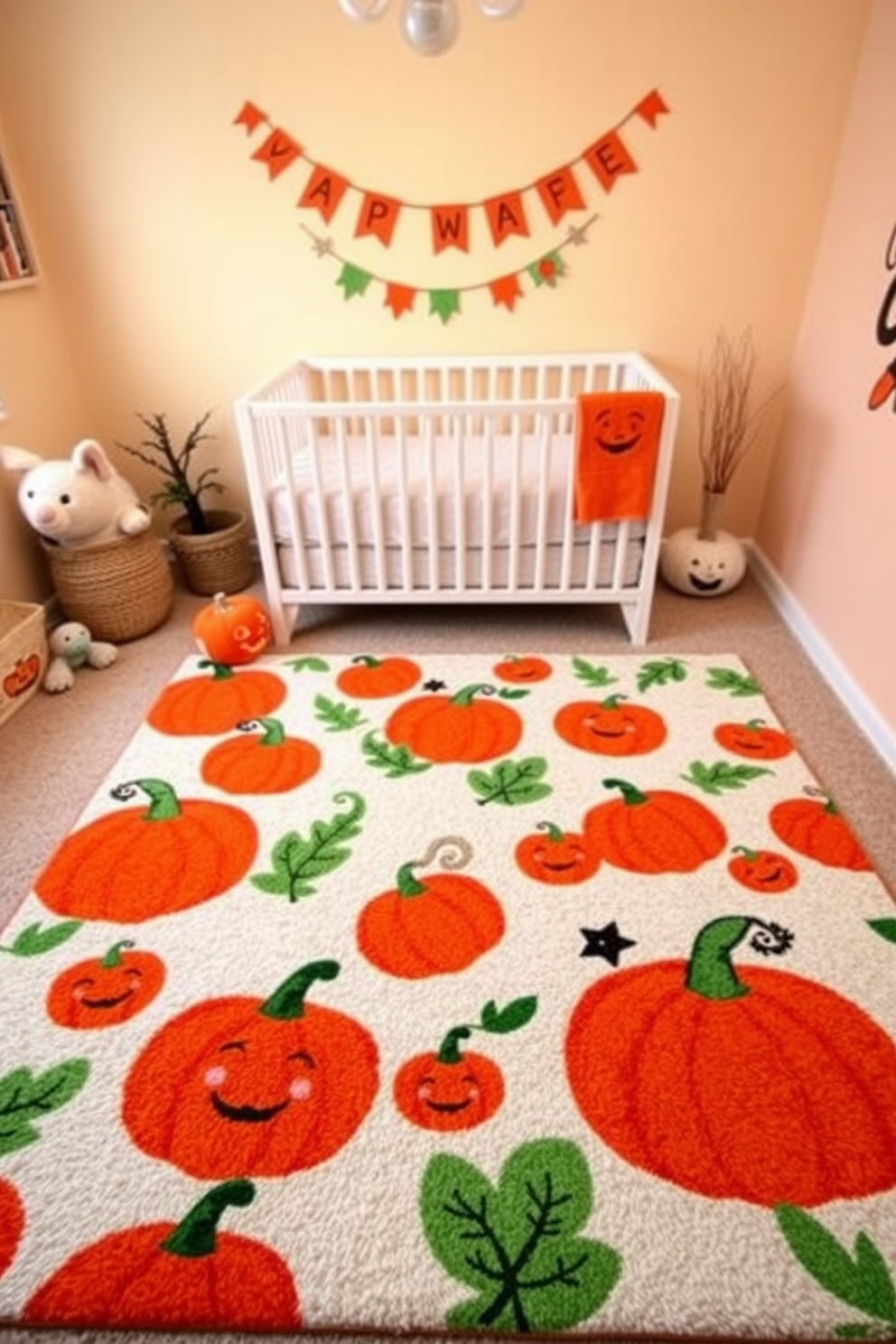 A whimsical pumpkin patch floor rug is the centerpiece of a cozy nursery, featuring playful illustrations of smiling pumpkins in vibrant orange and green hues. Surrounding the rug, soft pastel walls create a warm and inviting atmosphere, complemented by plush toys and cheerful decorations that celebrate the Halloween spirit.