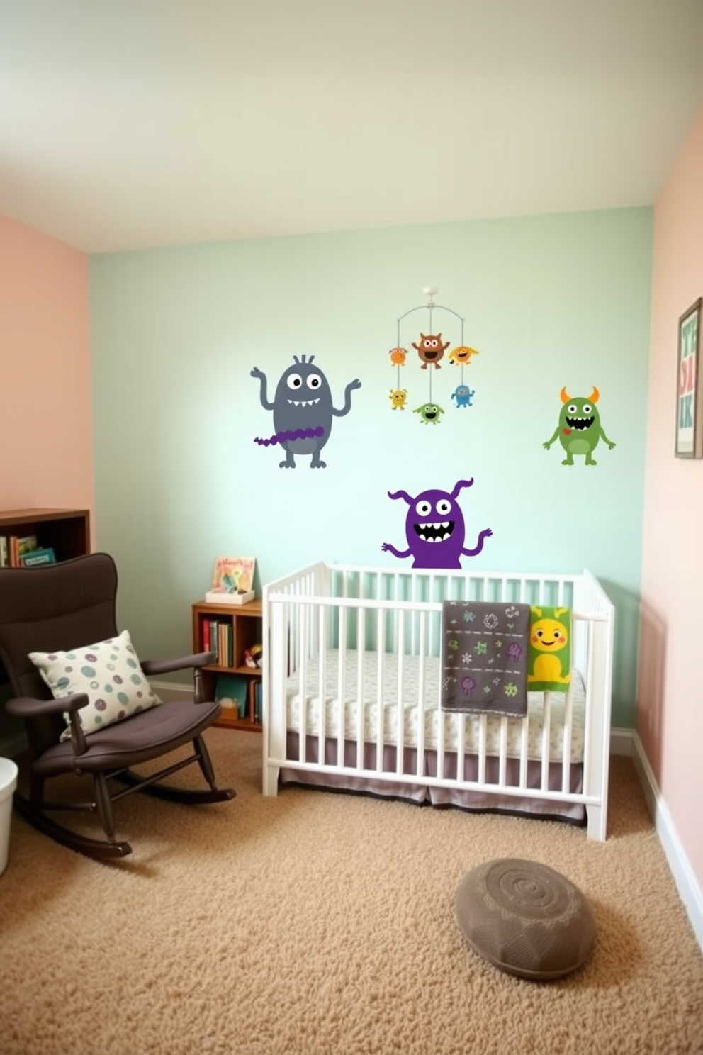 Create a whimsical nursery space featuring friendly monster wall stickers that bring a playful touch to the room. The walls are painted in soft pastel colors, and the floor is covered with a plush, neutral-toned carpet to create a cozy atmosphere. In one corner, a comfortable rocking chair is placed next to a small bookshelf filled with colorful children's books. A mobile with cute monster figures hangs above the crib, adding to the Halloween-themed decor while maintaining a cheerful vibe.