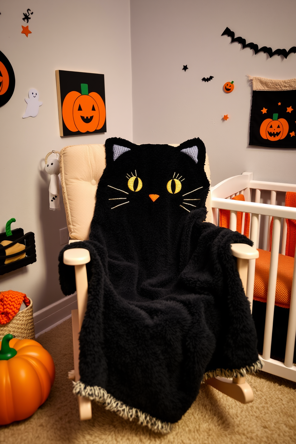 A cozy nursery featuring a charming black cat plush blanket draped over a soft rocking chair. The walls are adorned with whimsical Halloween-themed decorations, including playful ghost and pumpkin motifs, creating a warm and inviting atmosphere for little ones.