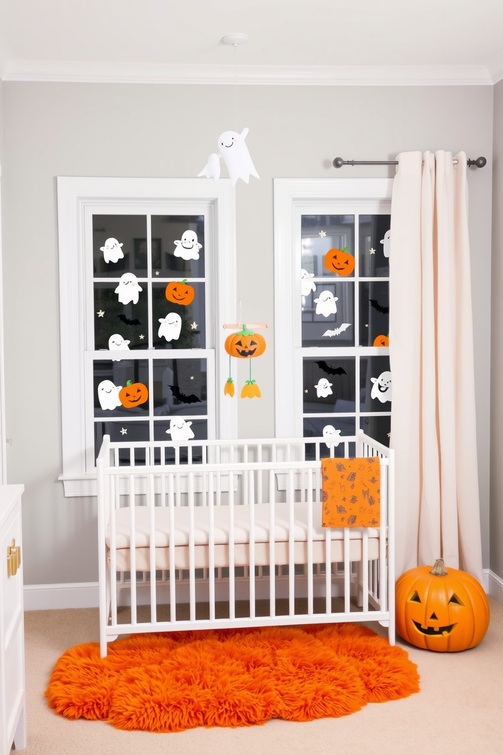 A cozy nursery decorated for Halloween. The windows are adorned with playful Halloween-themed clings featuring friendly ghosts, smiling pumpkins, and whimsical bats. Soft pastel colors dominate the room, with a light gray accent wall. A plush orange rug sits on the floor, and a mobile with Halloween characters hangs above the crib.