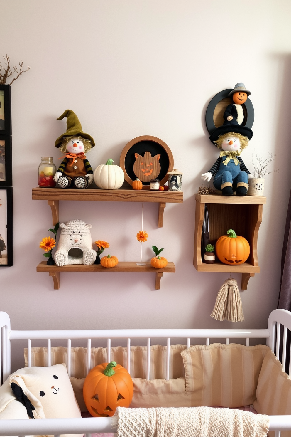 Cute scarecrow figurines are placed on charming wooden shelves adorned with autumn-themed decorations. The nursery features soft pastel colors, with whimsical wall art and cozy textiles that enhance the Halloween spirit.