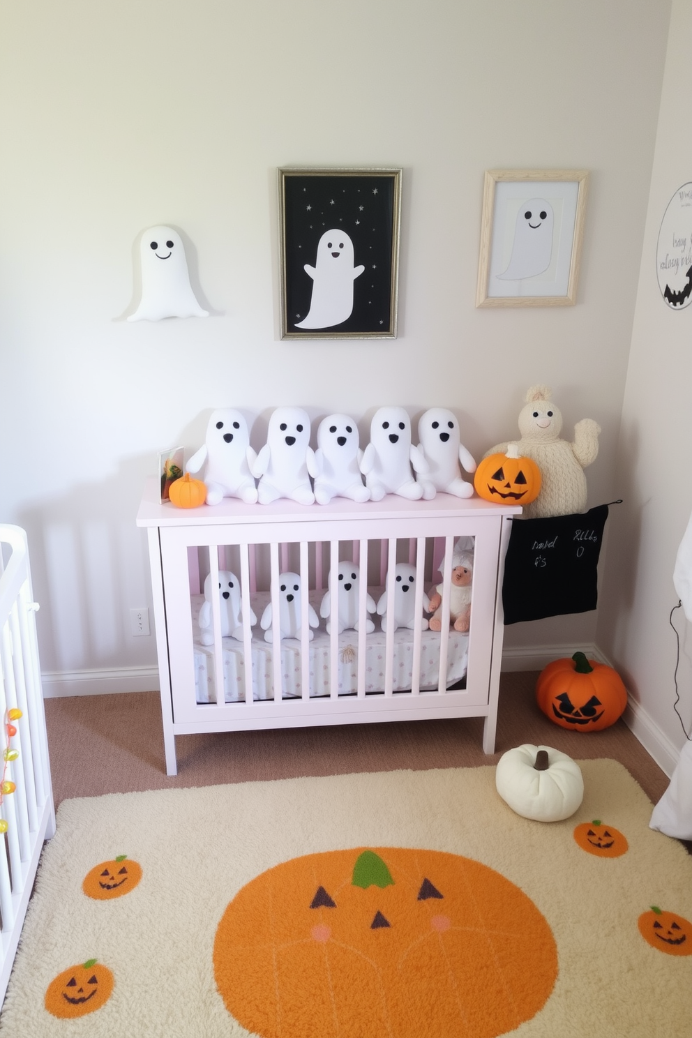 A charming nursery decorated for Halloween features an array of adorable ghost plush toys arranged on a soft pastel-colored shelf. The walls are adorned with whimsical ghost-themed wall art, complemented by a cozy, pumpkin-patterned rug on the floor.