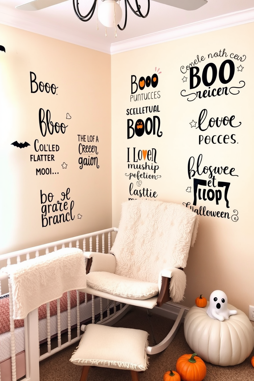 A cozy nursery with soft pastel colors. The walls are adorned with playful boo-themed wall quotes in whimsical fonts, creating a fun Halloween atmosphere. A plush rocking chair in the corner complements the decor. Cute ghost and pumpkin accents are scattered throughout the room, adding a festive touch.