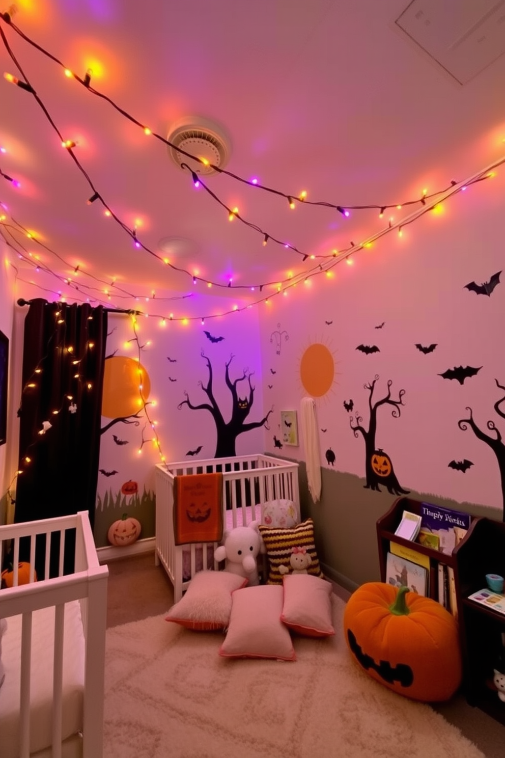 A whimsical nursery decorated for Halloween features orange and purple fairy lights draped across the ceiling, casting a warm glow throughout the room. The walls are adorned with playful Halloween-themed murals, and a cozy reading nook is set up with plush cushions and a small bookshelf filled with spooky storybooks.