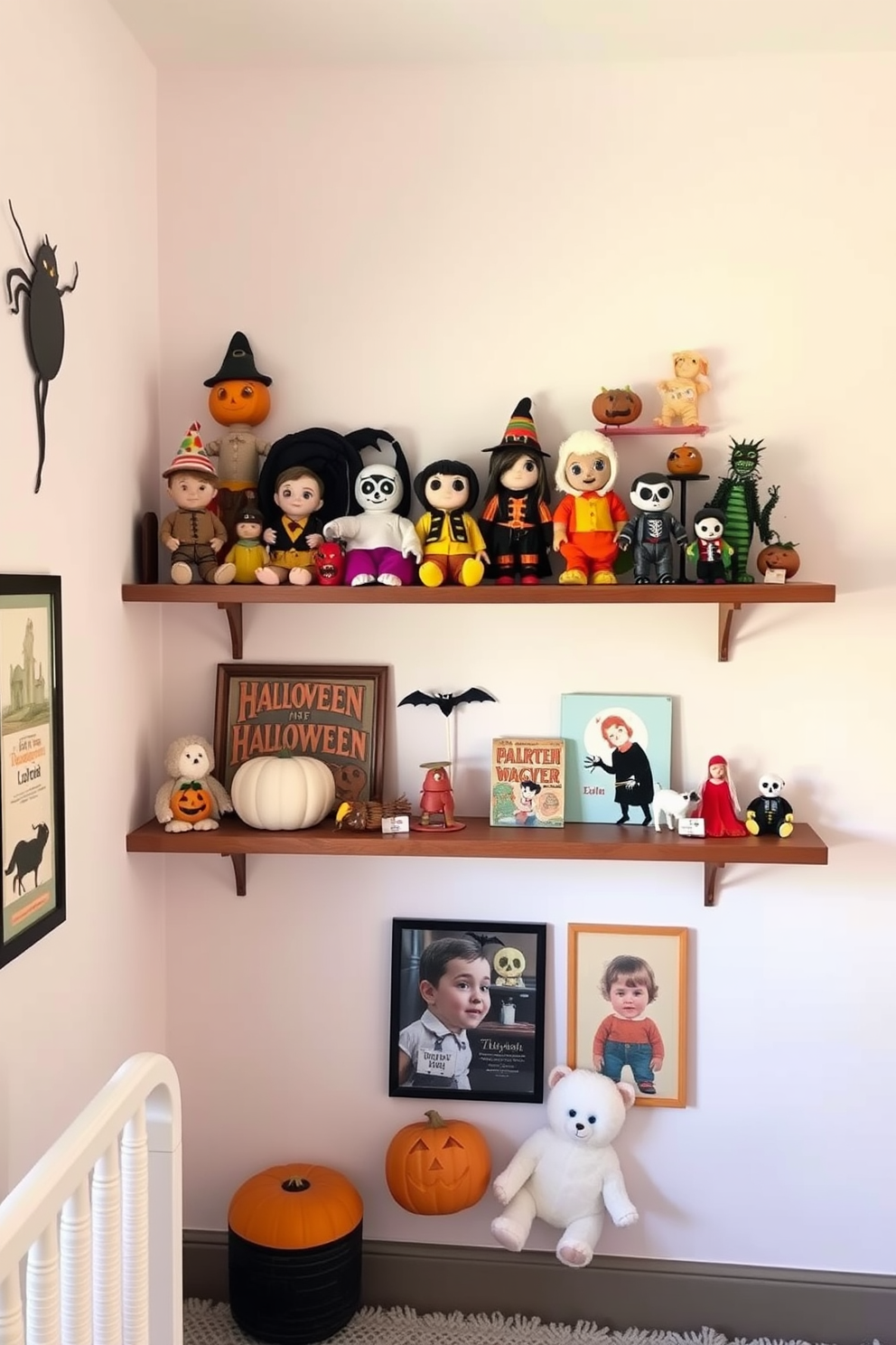 A charming Halloween nursery featuring a vintage toy collection displayed on floating shelves. The walls are adorned with soft pastel colors, and whimsical Halloween-themed art pieces complement the nostalgic toys.