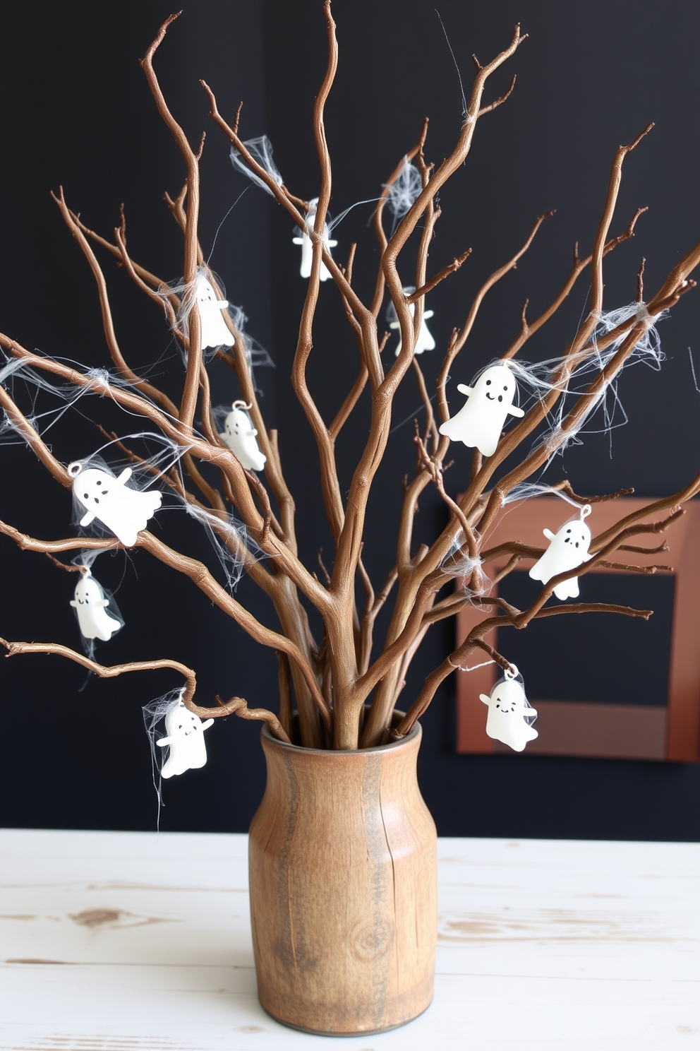 A whimsical Halloween nursery features a spooky centerpiece made of twisted tree branches arranged in a rustic vase. The branches are adorned with delicate cobwebs and small, friendly ghost decorations, creating a playful yet eerie atmosphere.