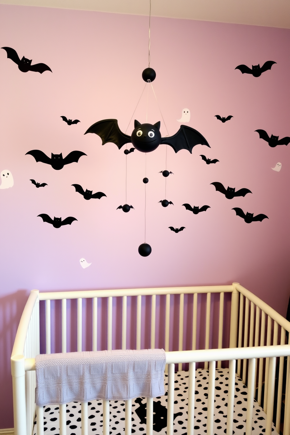 Adorable bat mobile suspended above a cozy crib in a Halloween-themed nursery. The walls are painted a soft lavender, adorned with playful bat decals and whimsical ghost patterns.