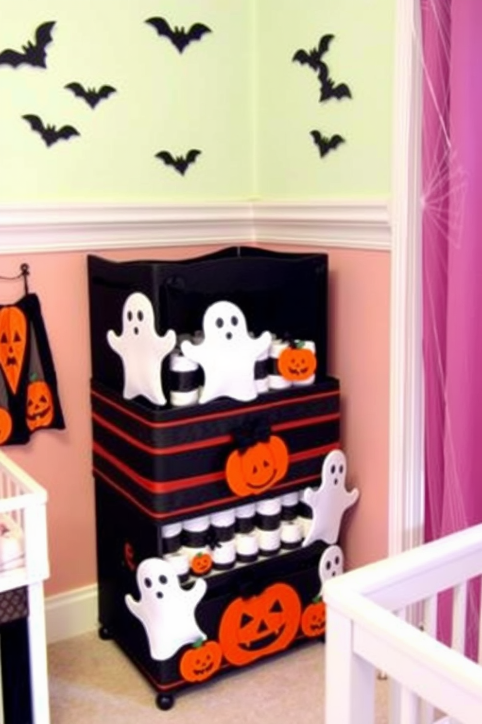 A whimsical Halloween-themed nursery features a diaper stacker adorned with playful ghosts and pumpkins. The walls are painted in soft pastels, while decorative bats and cobwebs add a festive touch to the atmosphere.