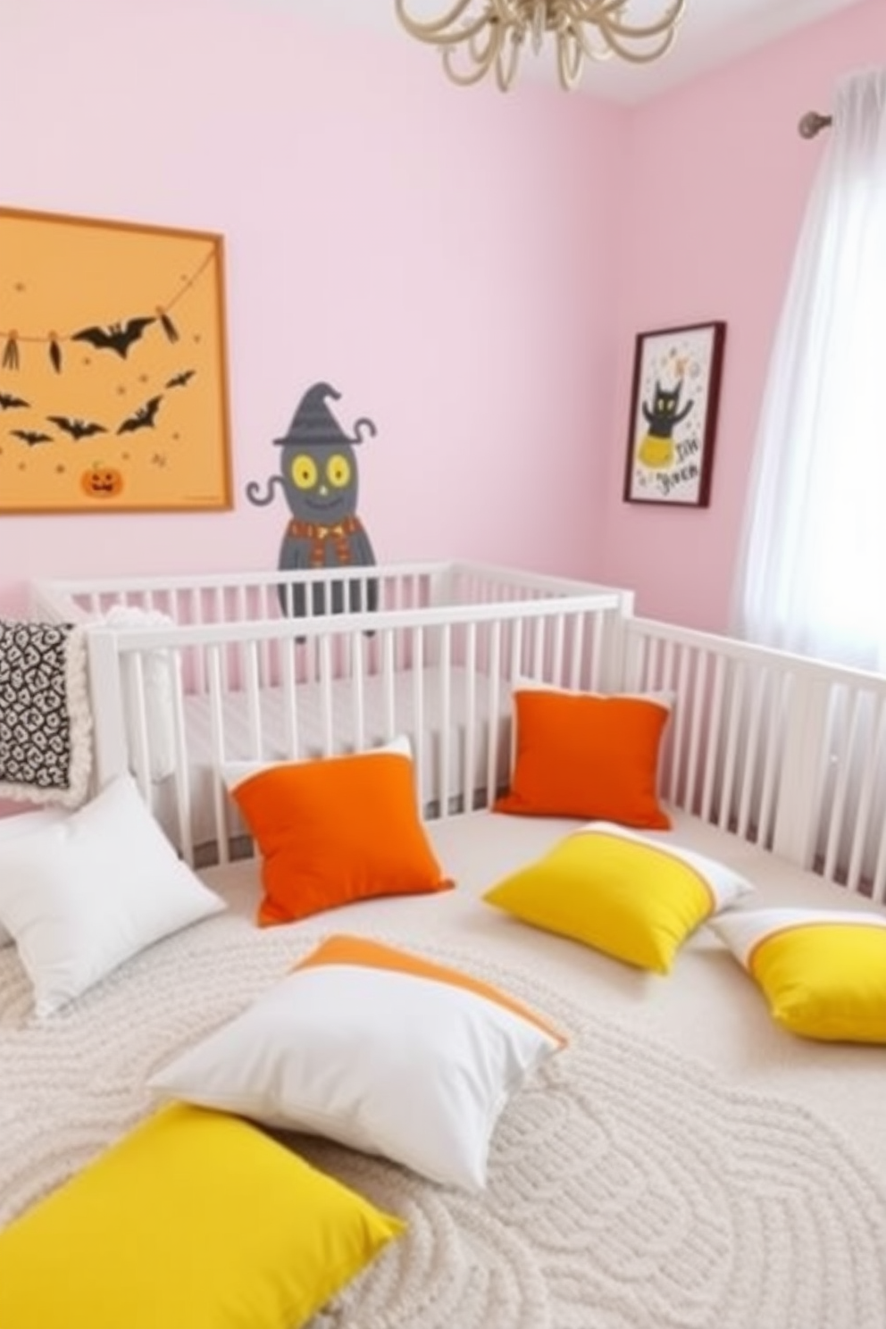 A cozy Halloween-themed nursery featuring a soft faux fur rug that adds warmth and comfort. The walls are painted in pastel shades with playful pumpkin and ghost decorations, creating a whimsical atmosphere for little ones.