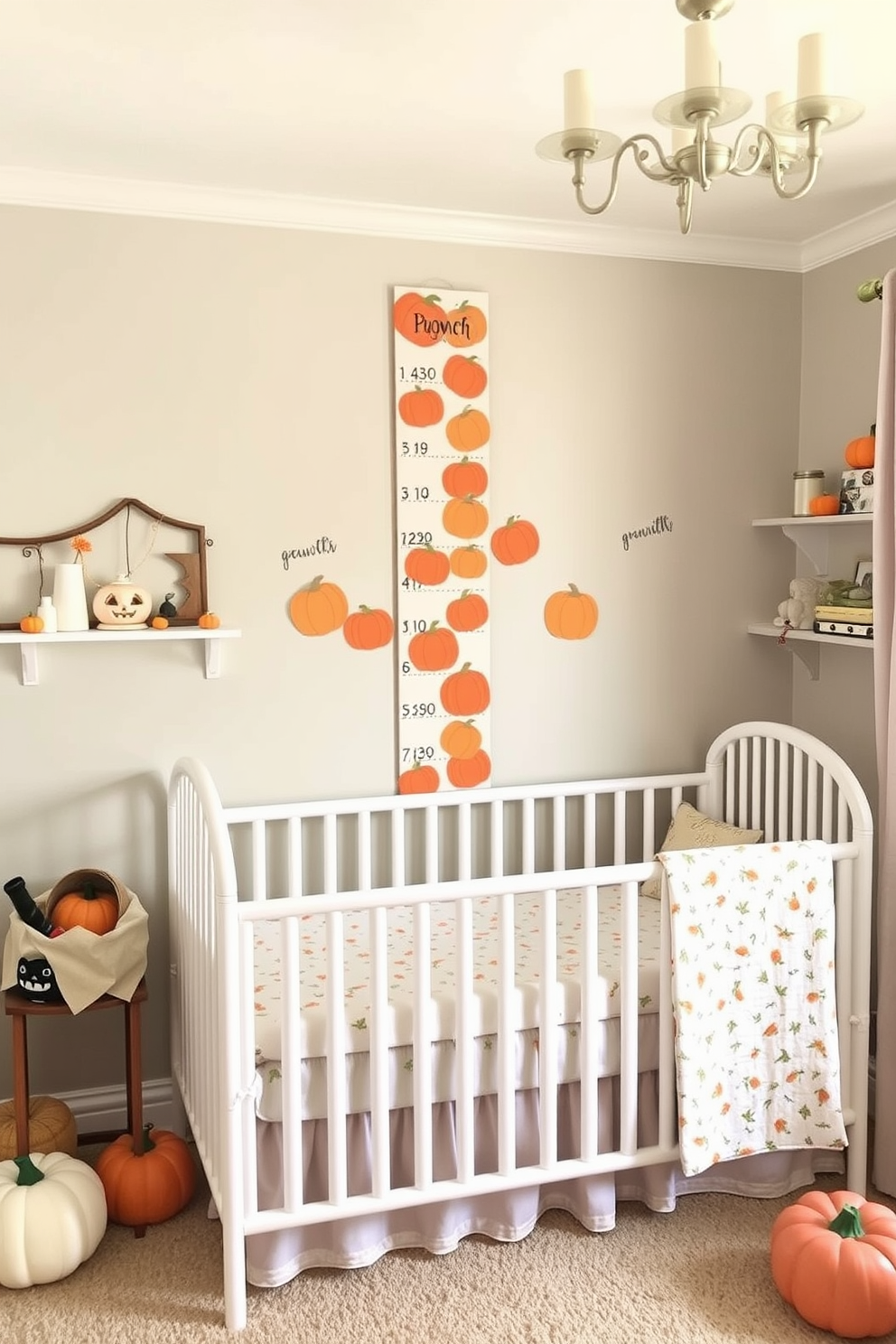 A charming nursery decorated for Halloween features a whimsical pumpkin patch growth chart on the wall. Soft pastel colors dominate the space, with playful pumpkin-themed accents scattered throughout, creating a cozy and festive atmosphere.