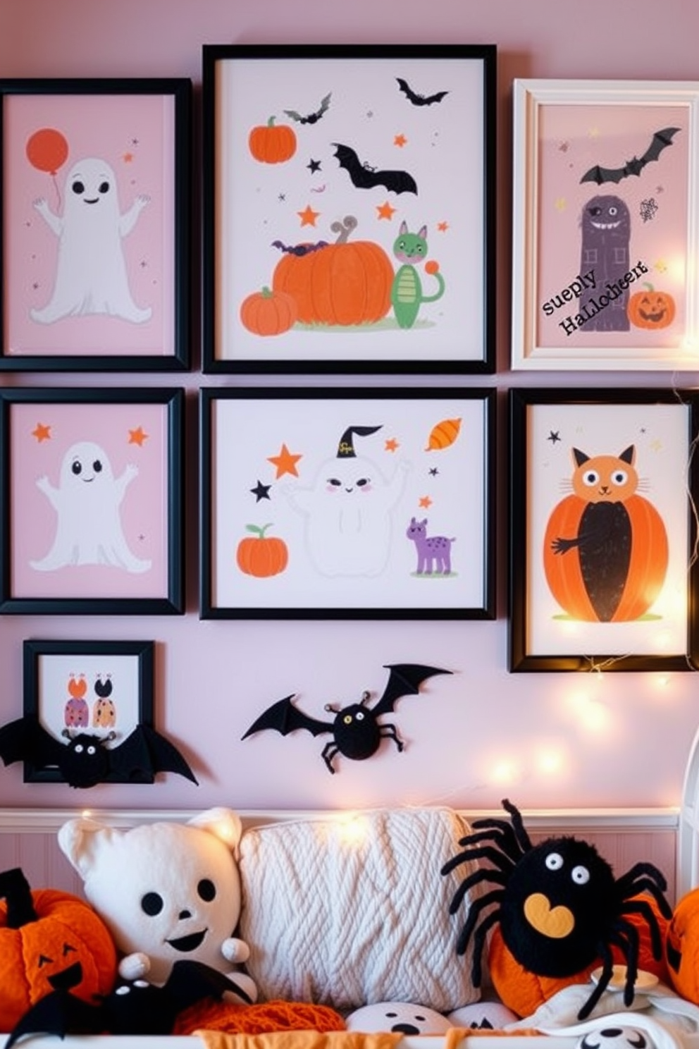 A whimsical nursery decorated for Halloween features hanging paper lanterns in various shapes and sizes. The lanterns are adorned with playful designs such as ghosts, pumpkins, and bats, casting a warm and enchanting glow throughout the room.