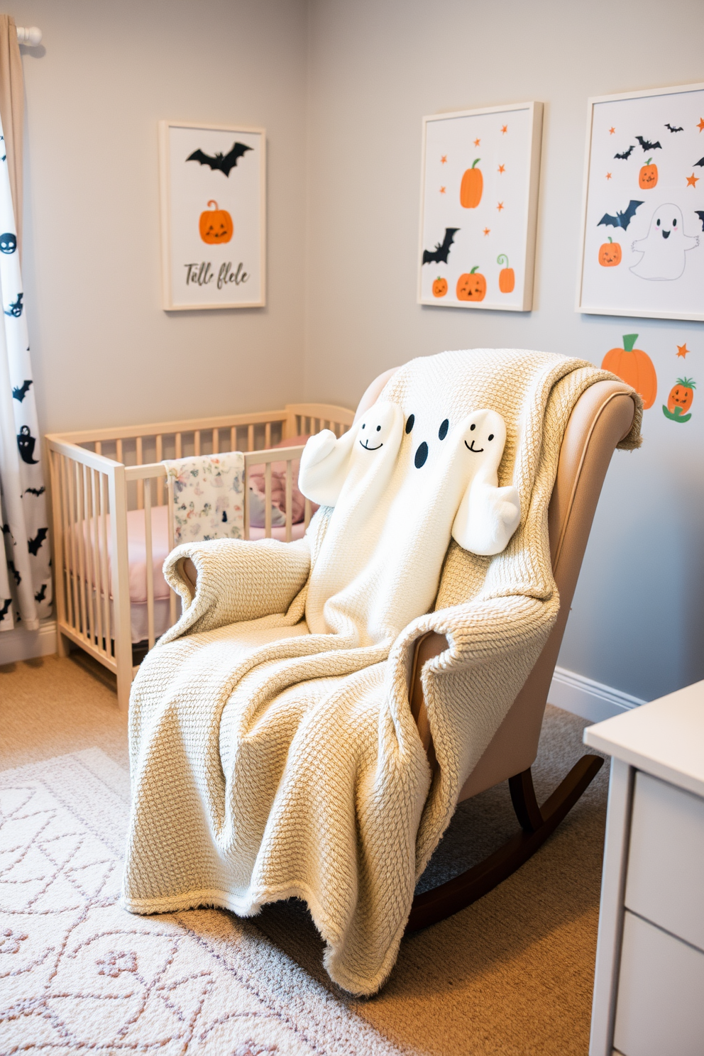 Creepy cute wall stickers featuring playful ghosts and smiling pumpkins adorn the pastel-colored walls of a cozy nursery. Soft lighting creates a warm ambiance, while a plush rug adds comfort beneath a whimsical crib decorated with Halloween-themed bedding.