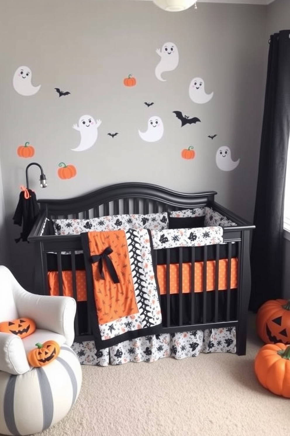 A cozy nursery designed with a black and orange themed bedding set perfect for Halloween. The walls are painted in a soft gray, adorned with whimsical ghost and pumpkin decals, creating a playful yet elegant atmosphere.