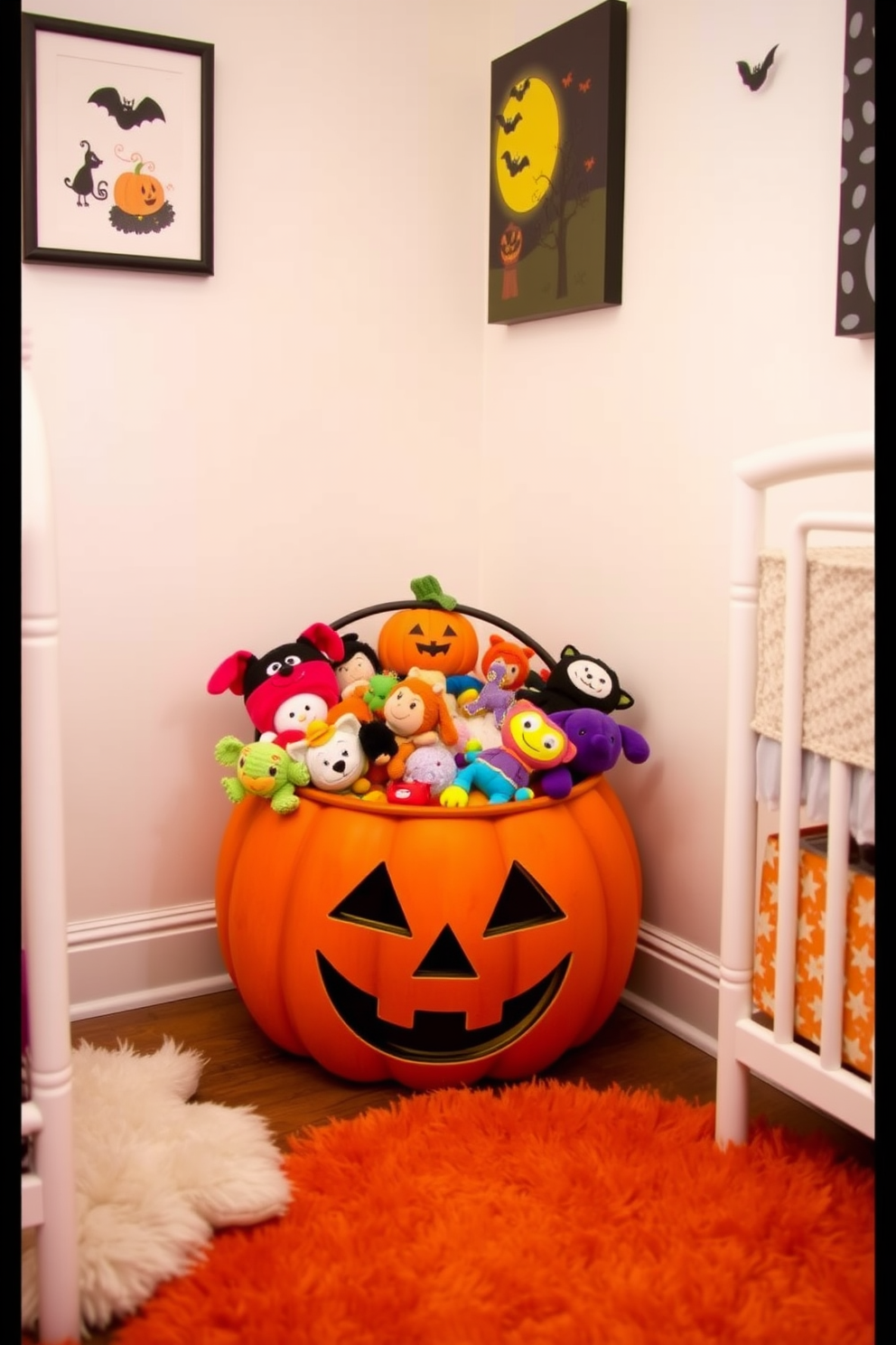 A charming nursery decorated for Halloween features a decorative pumpkin basket filled with colorful toys. The basket is placed in a cozy corner, surrounded by soft, plush rugs and whimsical wall art that captures the festive spirit.