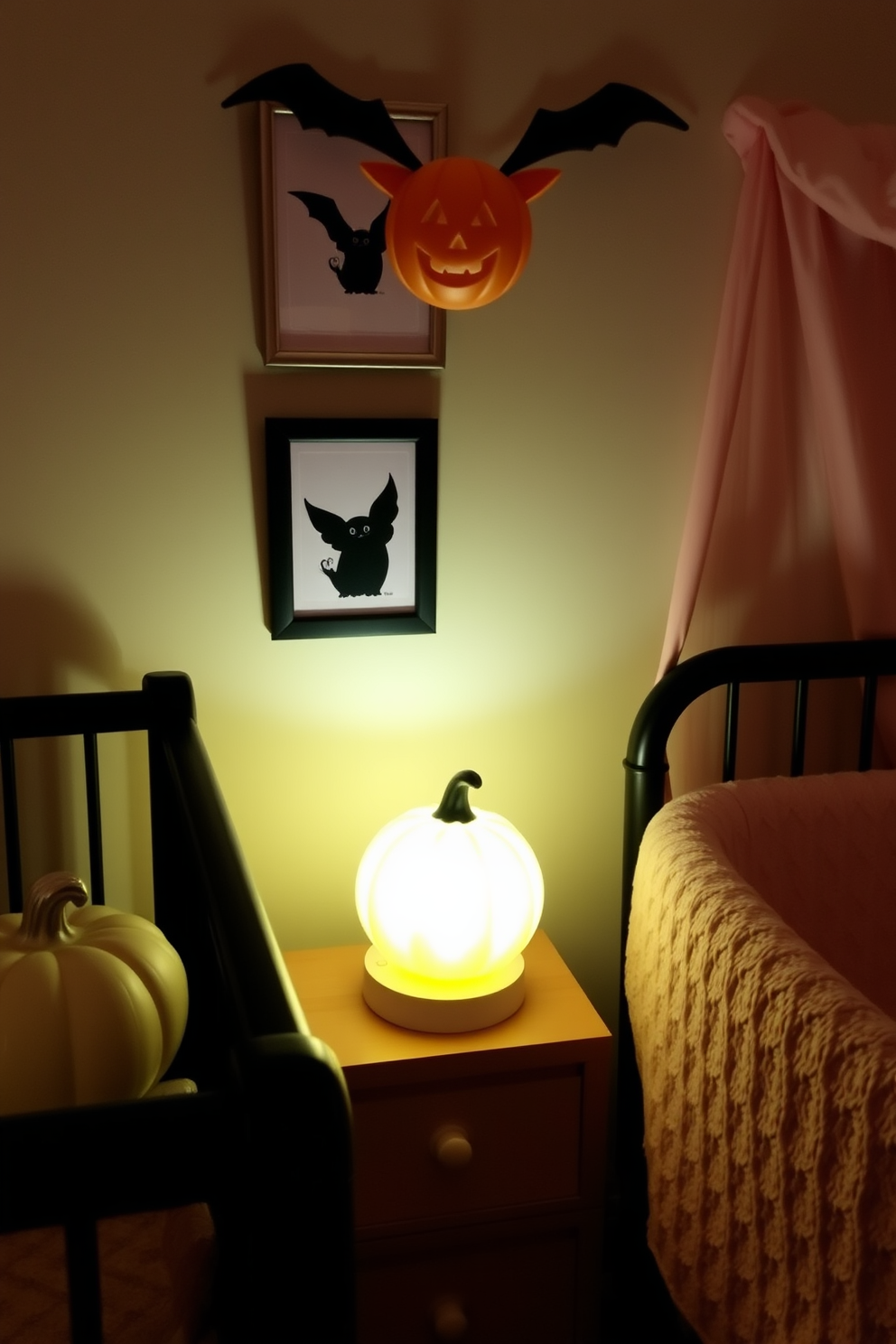 A whimsical Halloween-themed nursery featuring a crib with soft, cozy bedding. Above the crib, a mobile adorned with playful bat decorations sways gently, casting shadows on the walls.