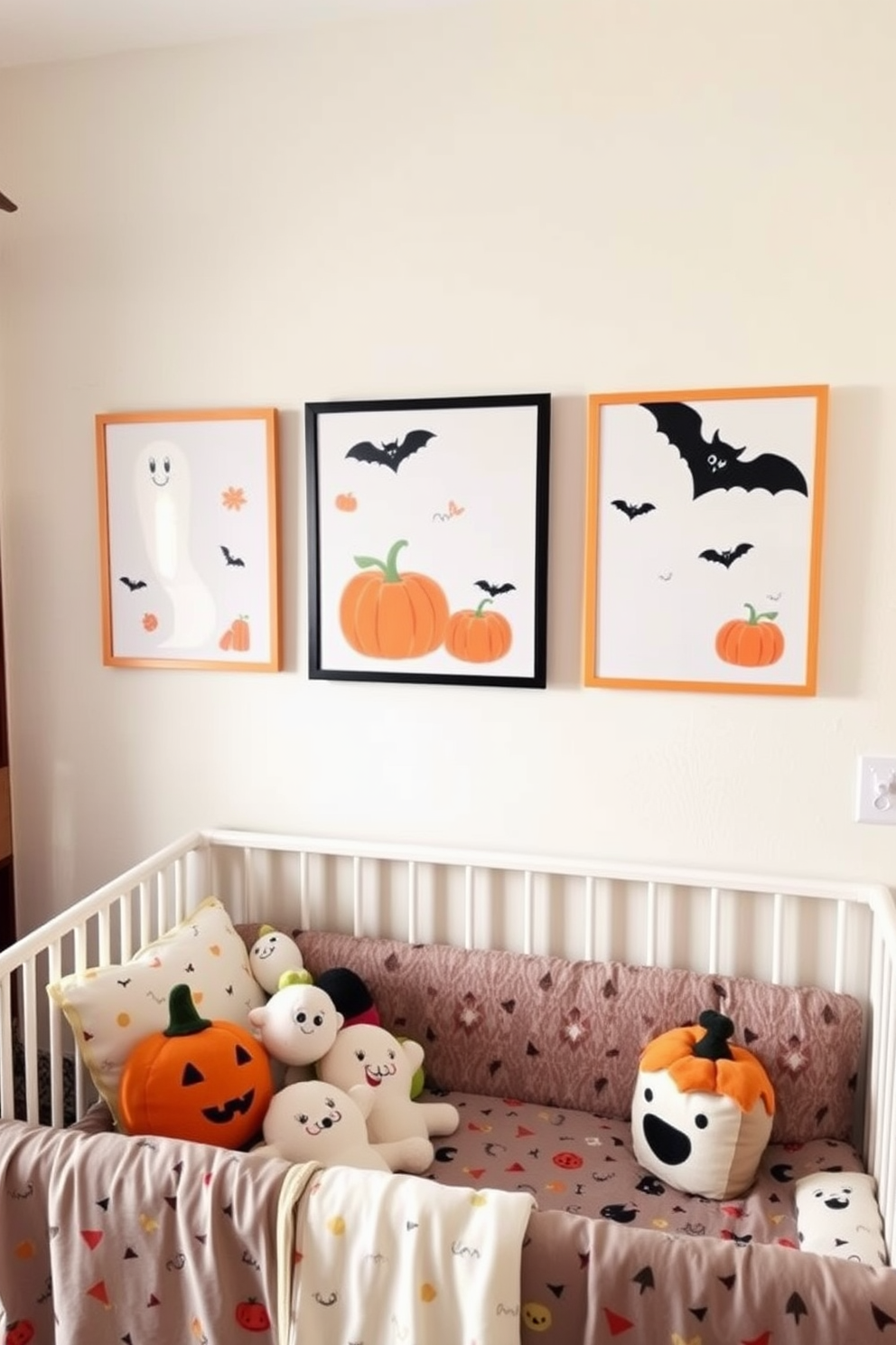 A cozy Halloween-themed nursery featuring whimsical wall art prints. The walls are adorned with playful illustrations of pumpkins, ghosts, and bats in soft pastel colors. Charming Halloween nursery decor that creates a warm and inviting atmosphere. A mix of plush toys and themed bedding complements the wall art, enhancing the festive spirit.