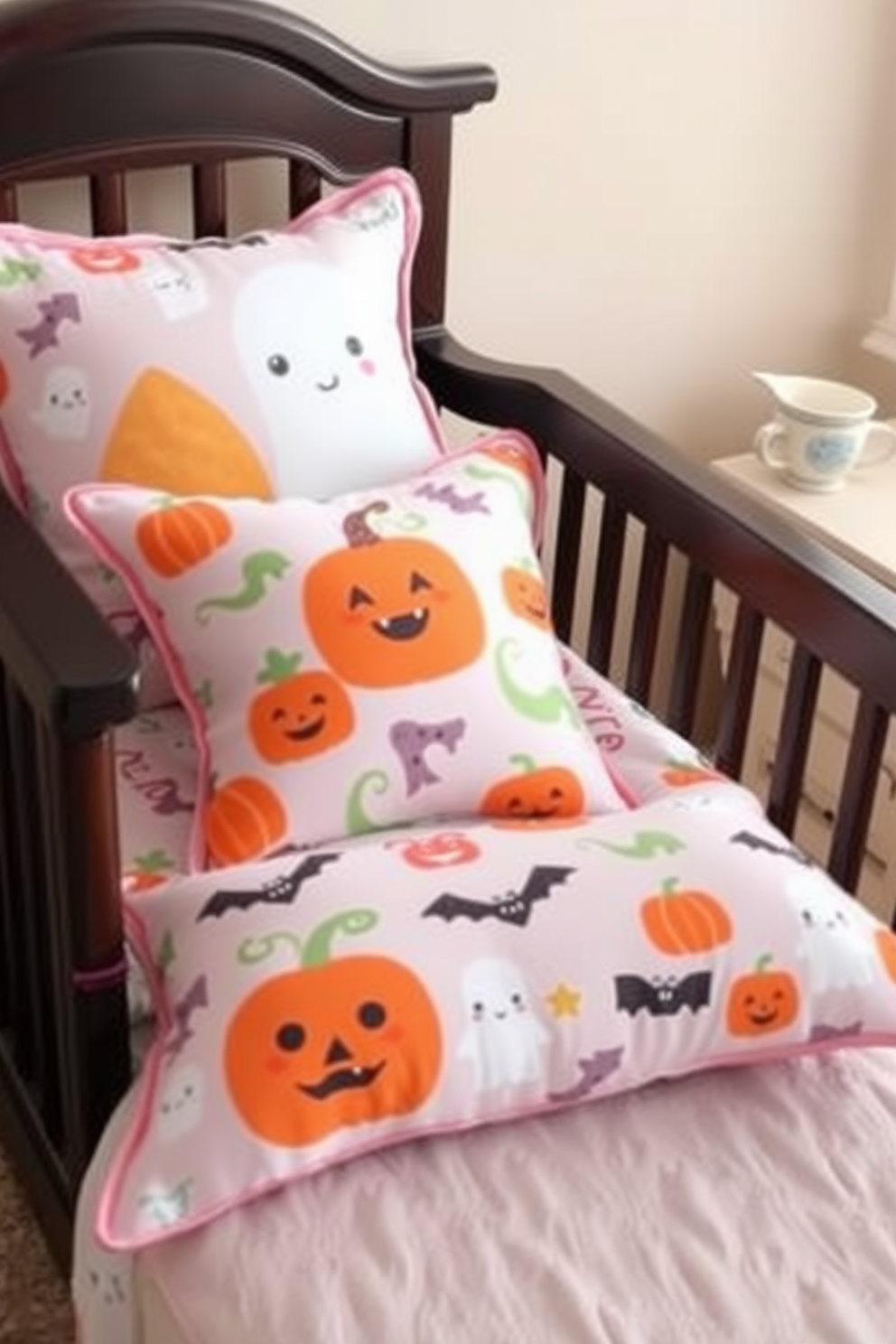 Create a cozy nursery with soft spooky creature throw pillows designed for Halloween. The color palette includes pastel shades of orange, purple, and green, with playful patterns featuring friendly ghosts, pumpkins, and bats.