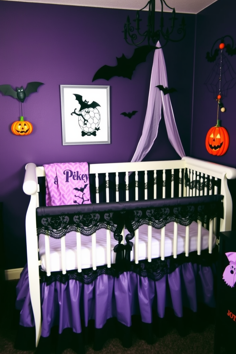 A whimsical nursery designed in Gothic style featuring a crib adorned with a black lace skirt and a matching bumper. The walls are painted deep purple, and eerie yet playful Halloween decorations, such as hanging bats and pumpkin motifs, add a festive touch.