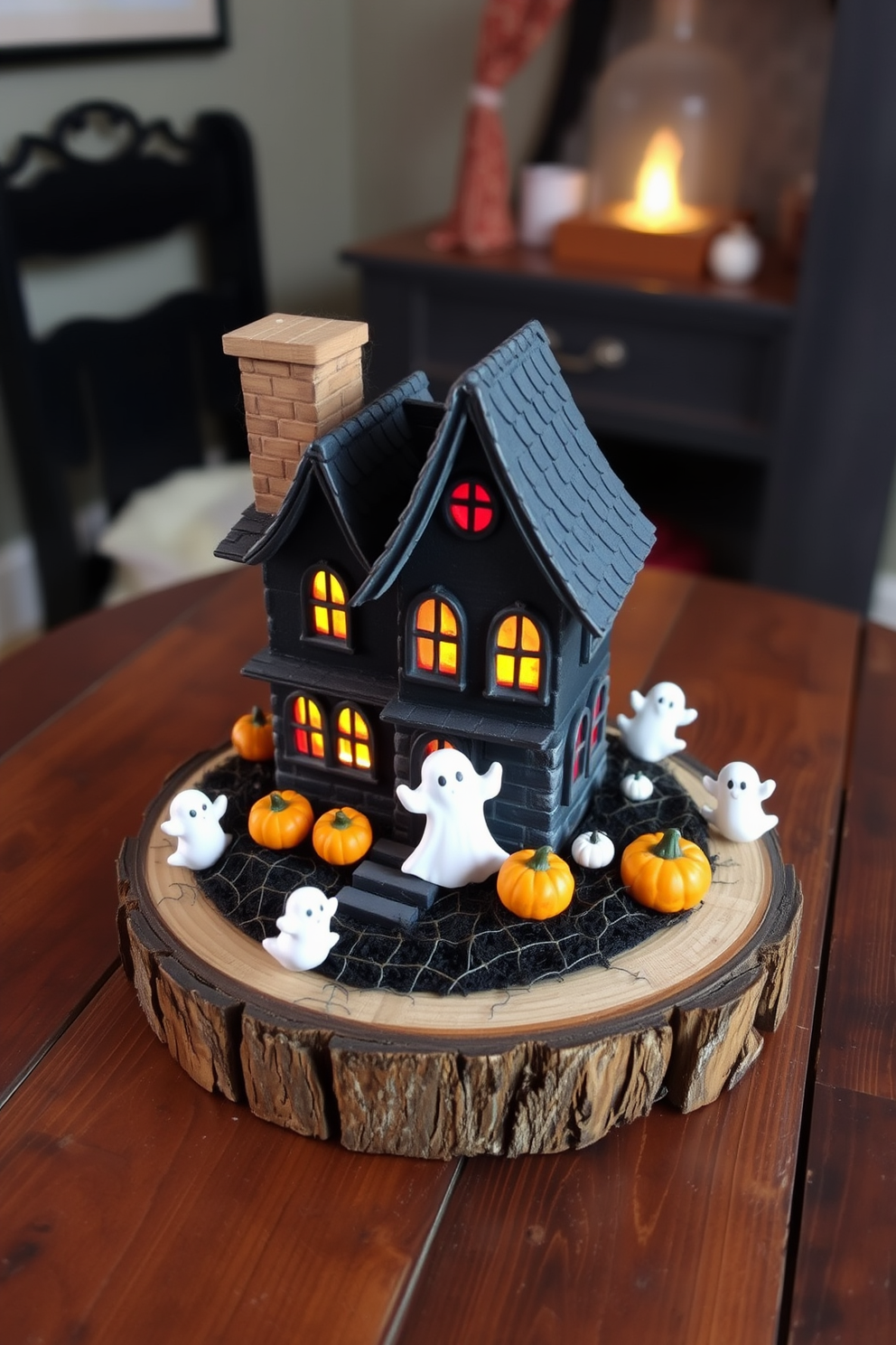 A whimsical miniature haunted house centerpiece sits on a rustic wooden table, adorned with tiny ghosts and pumpkins. The house features intricate details like a crooked chimney and glowing windows, creating a charmingly spooky atmosphere for a Halloween nursery.