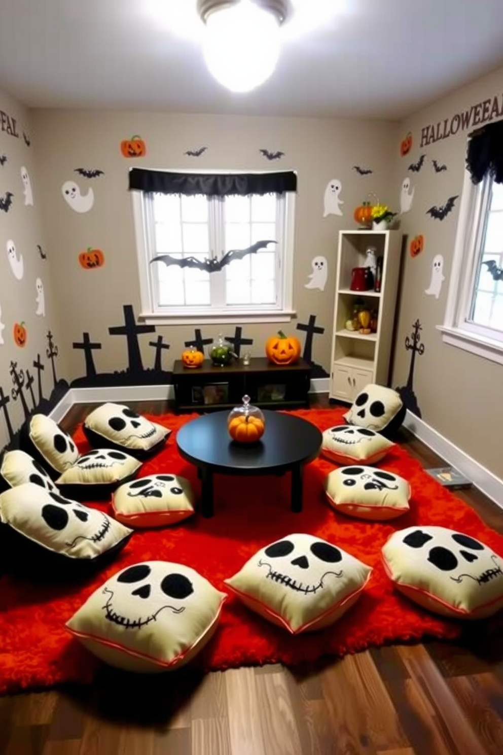 A whimsical Halloween playroom featuring skull-shaped cushions arranged around a low coffee table. The walls are adorned with playful ghost and pumpkin decals, while a vibrant orange rug anchors the space, creating a festive and inviting atmosphere.