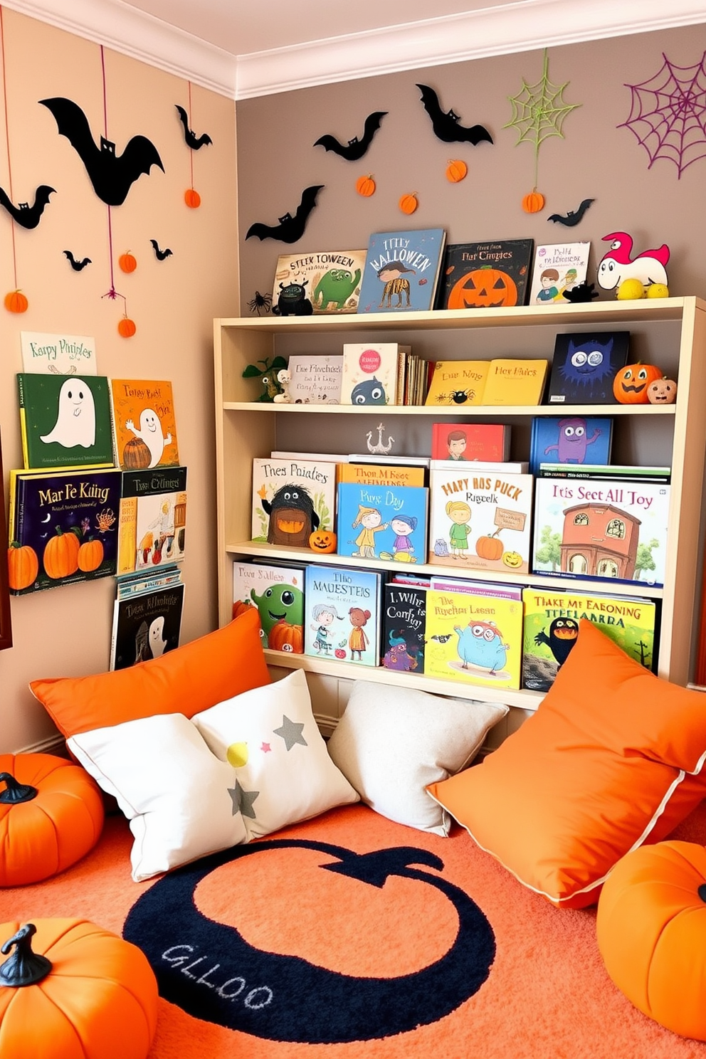 A cozy Halloween-themed playroom features a whimsical bookshelf filled with an array of storybooks showcasing ghosts, pumpkins, and friendly monsters. The walls are adorned with playful decorations like hanging bats and colorful spider webs, creating a festive atmosphere for imaginative storytelling. Soft, oversized cushions in orange and black provide comfortable seating for children as they dive into their favorite spooky tales. A playful rug with a pumpkin pattern anchors the space, inviting kids to sit and enjoy reading during the Halloween season.